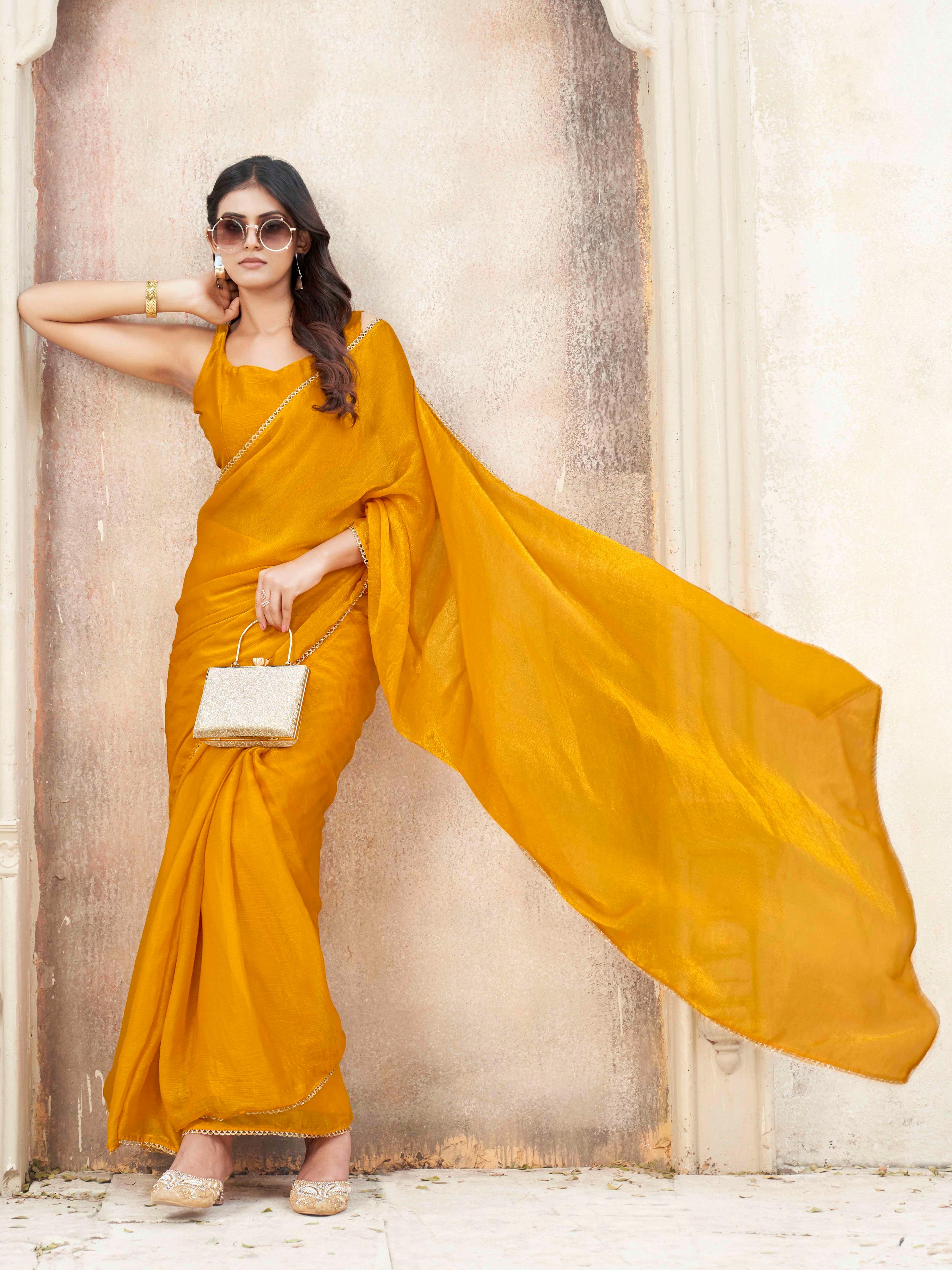 Ready to wear Yellow colored jimmy choo saree with embellished lace border